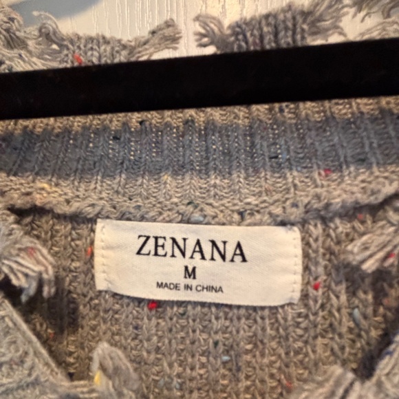 Zenana Rough-Edge, Distressed Grey V-Neck Sweater, Size Medium - Picture 3 of 4